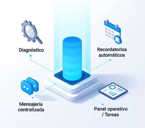 Diagrama de los servicios de DamIASolve: diagnóstico, mensajería centralizada, recordatorios automáticos y panel operativo
